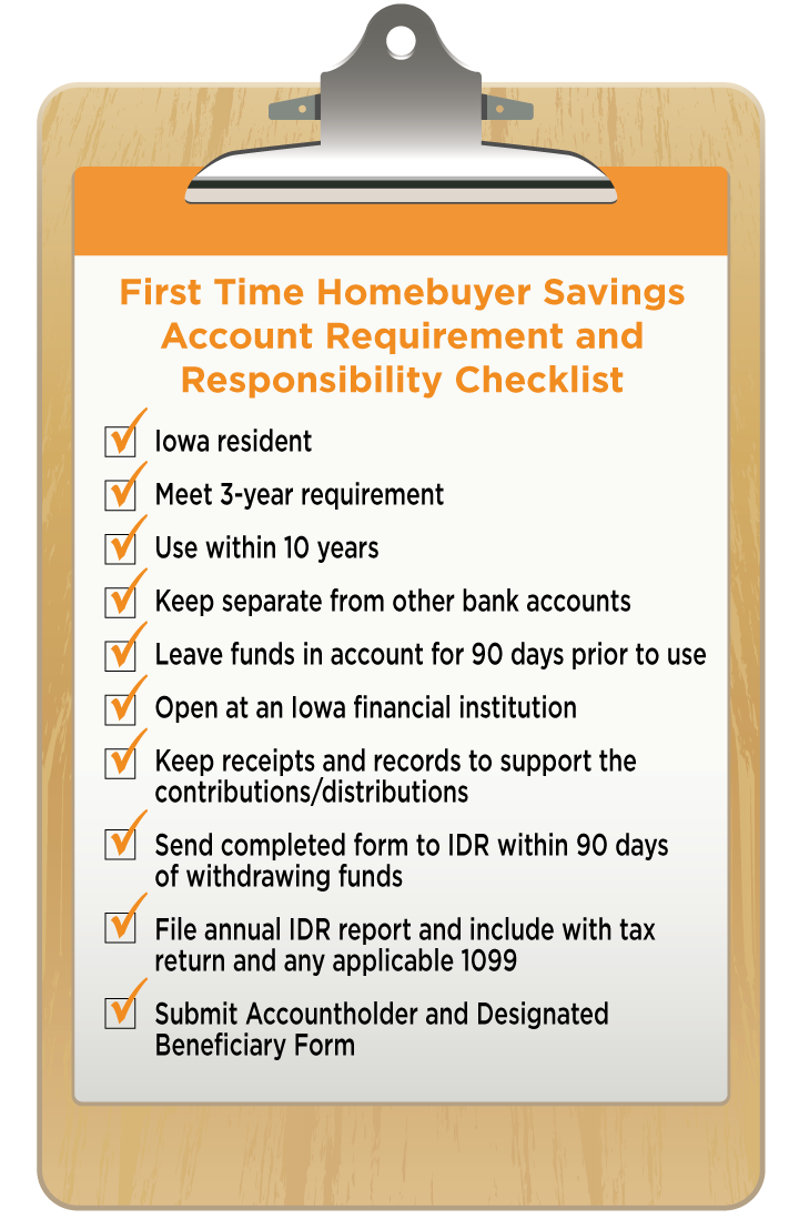 Clipboard with First time homebuyer savings account checklist